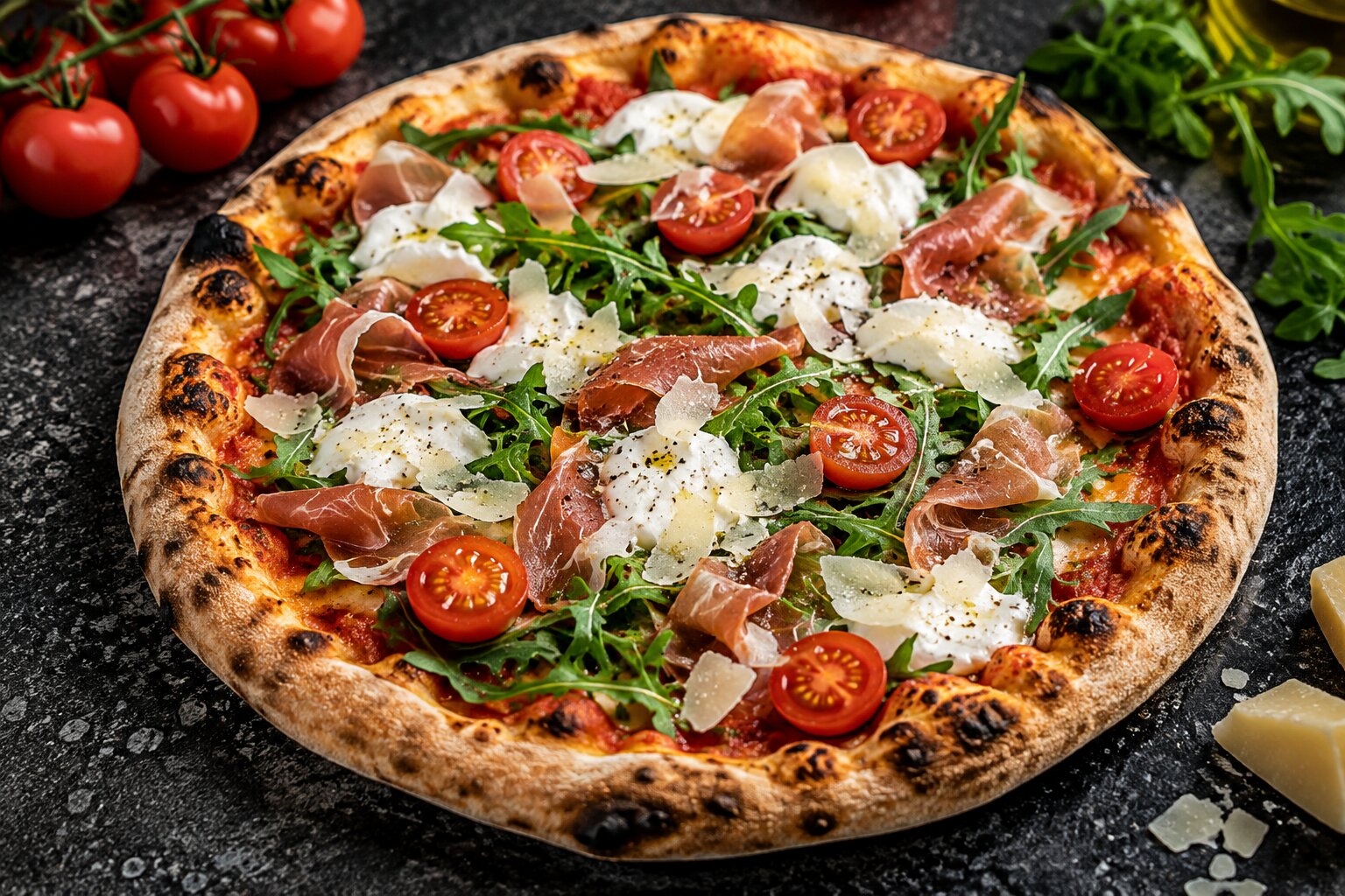 Wood-fired pizza with burrata, Parma ham, rocket, cherry tomatoes and shaved parmesan